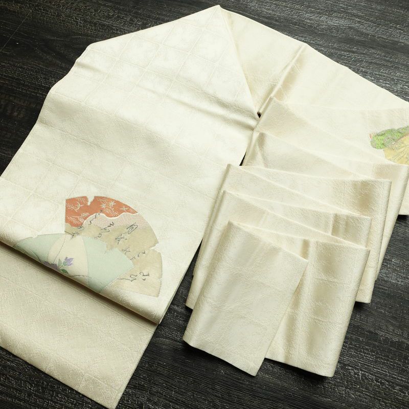 名古屋帯 太鼓柄 良品 落款入り 正絹 古典柄 名古屋仕立て なごや帯 リサイクル帯 帯 銀糸 扇面 白_画像17