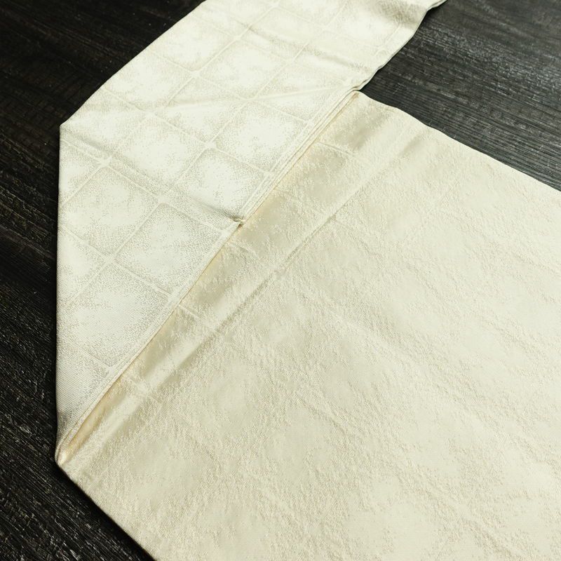 名古屋帯 太鼓柄 良品 落款入り 正絹 古典柄 名古屋仕立て なごや帯 リサイクル帯 帯 銀糸 扇面 白_画像19