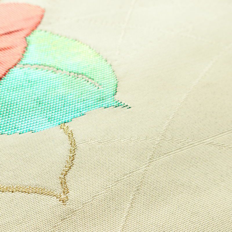 名古屋帯 太鼓柄 正絹 花柄 名古屋仕立て なごや帯 リサイクル帯 帯 金糸 銀糸 クリーム_画像6