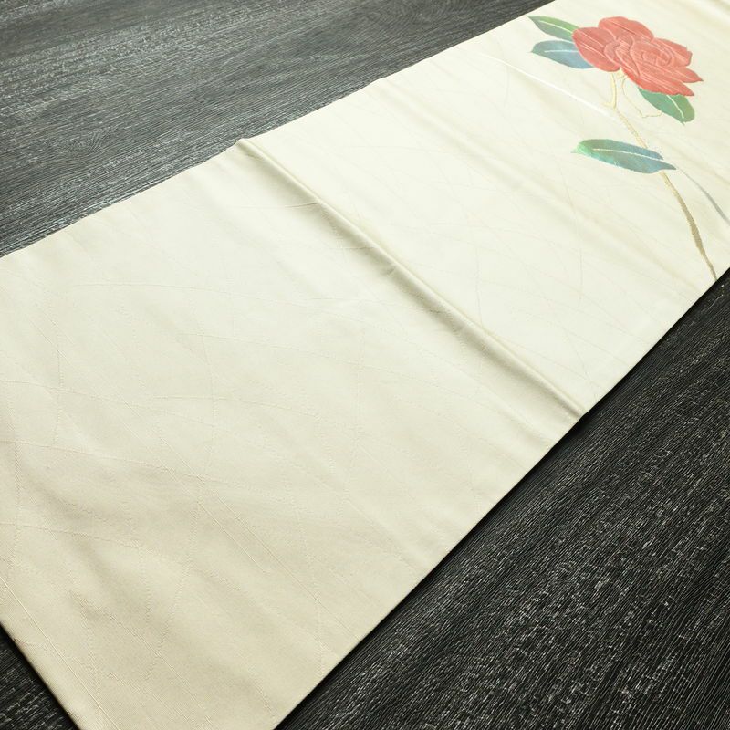 名古屋帯 太鼓柄 正絹 花柄 名古屋仕立て なごや帯 リサイクル帯 帯 金糸 銀糸 クリーム_画像8