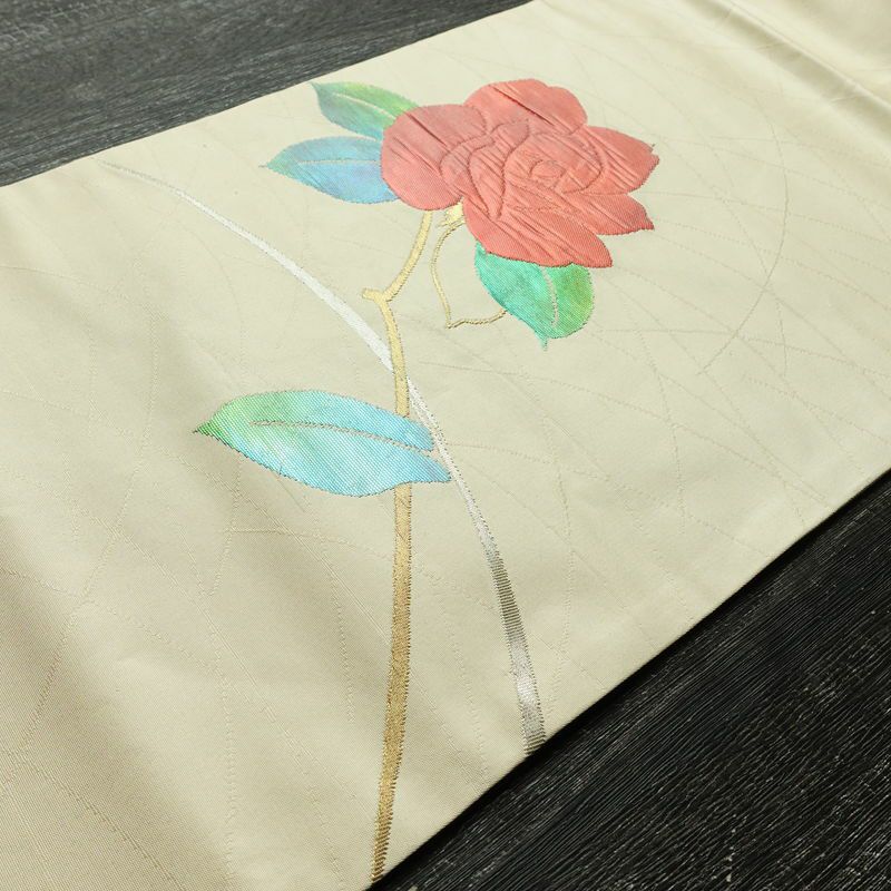 名古屋帯 太鼓柄 正絹 花柄 名古屋仕立て なごや帯 リサイクル帯 帯 金糸 銀糸 クリーム_画像11