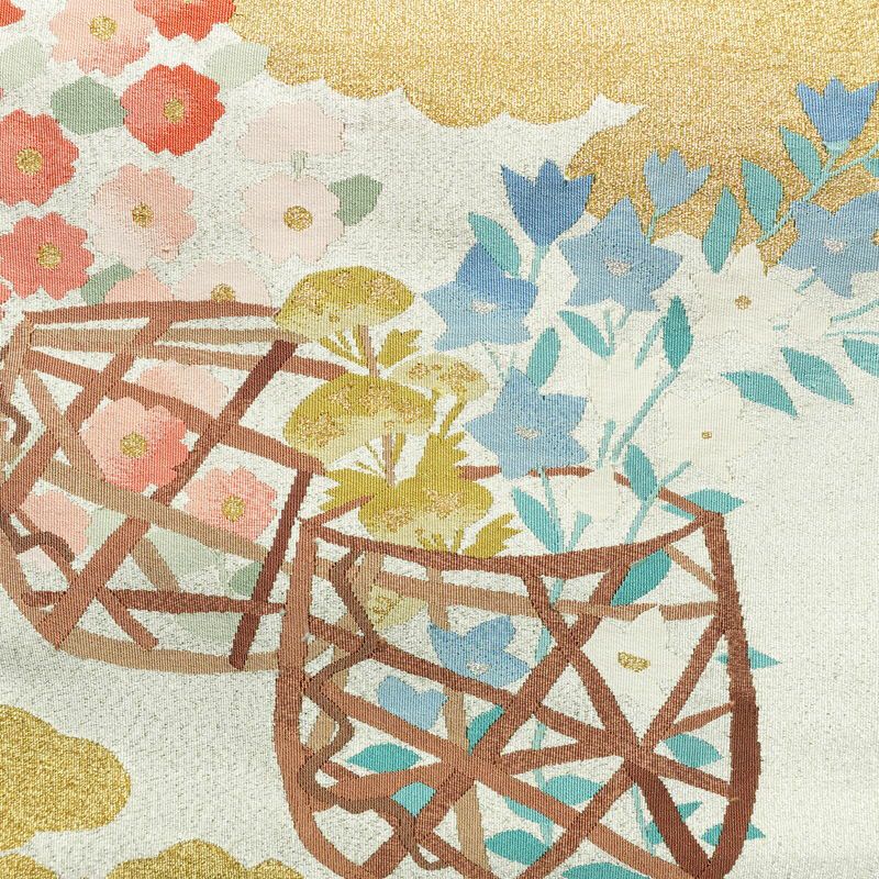 名古屋帯 太鼓柄 良品 つづれ織 正絹 木の葉・植物柄 名古屋仕立て なごや帯 リサイクル帯 帯 金糸 銀通し 白_画像2