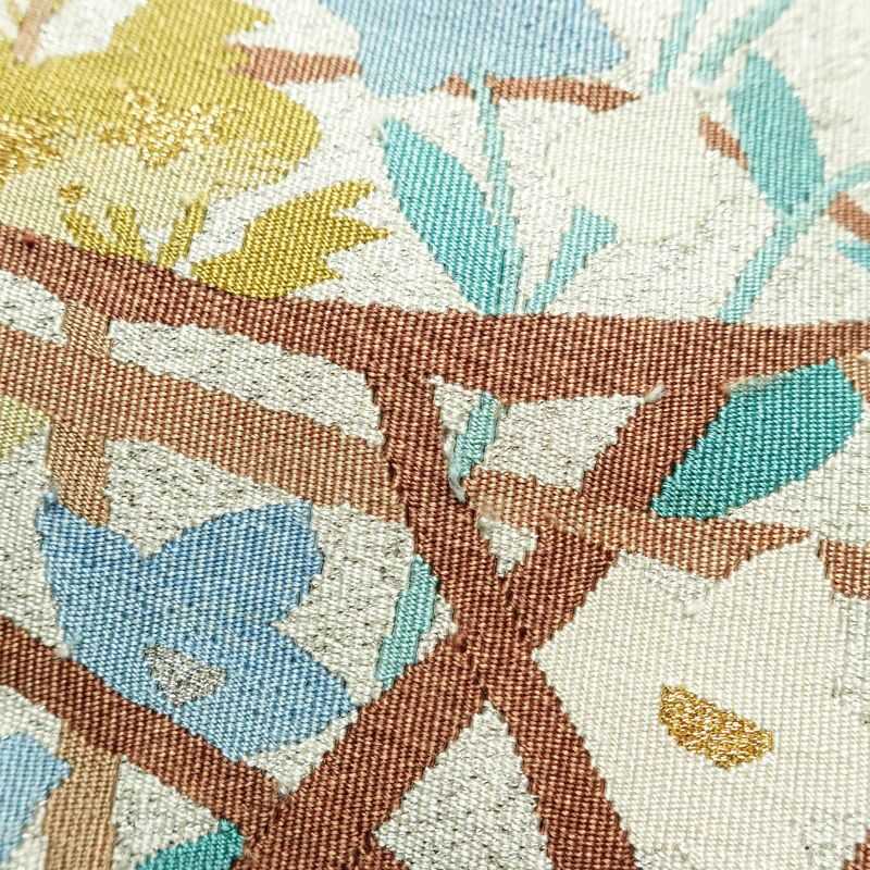 名古屋帯 太鼓柄 良品 つづれ織 正絹 木の葉・植物柄 名古屋仕立て なごや帯 リサイクル帯 帯 金糸 銀通し 白_画像3