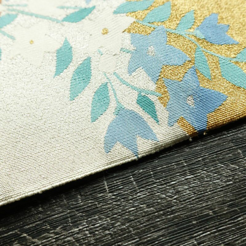 名古屋帯 太鼓柄 良品 つづれ織 正絹 木の葉・植物柄 名古屋仕立て なごや帯 リサイクル帯 帯 金糸 銀通し 白_画像12