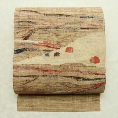 名古屋帯 紬地 六通柄 正絹 風景柄 松葉仕立て 帯 緑・うぐいす色 | 六