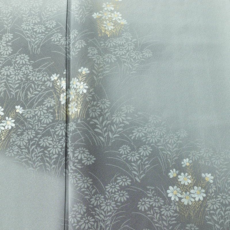 付け下げ 一つ紋付き 正絹 花柄 袷仕立て 身丈158cm 裄丈64.5cm リサイクル着物 着物 箔 入学式 卒業式 七五三 お宮参り フォーマル 上品 グレー_画像6