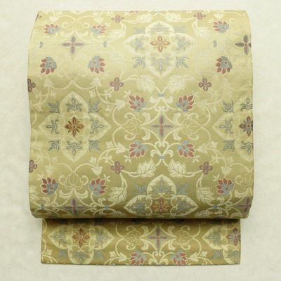 名古屋帯 六通柄 正絹 木の葉・植物柄 名古屋仕立て なごや帯 リサイクル帯 帯 金糸 ベージュ