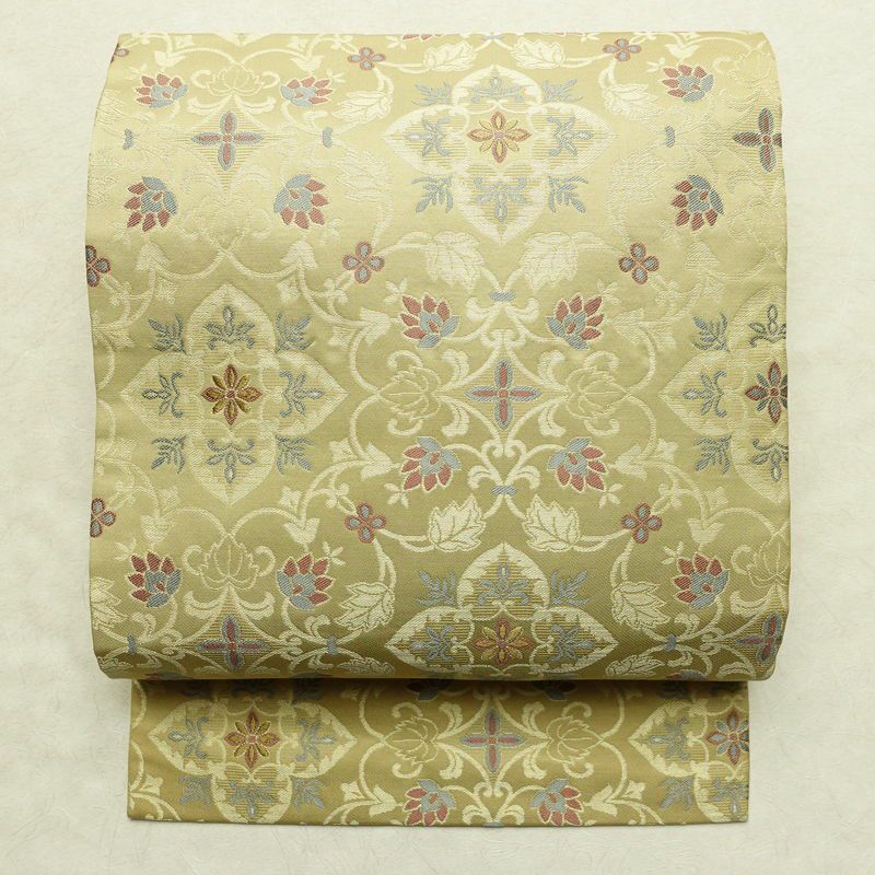 名古屋帯 六通柄 正絹 木の葉・植物柄 名古屋仕立て なごや帯 リサイクル帯 帯 金糸 ベージュ_画像1