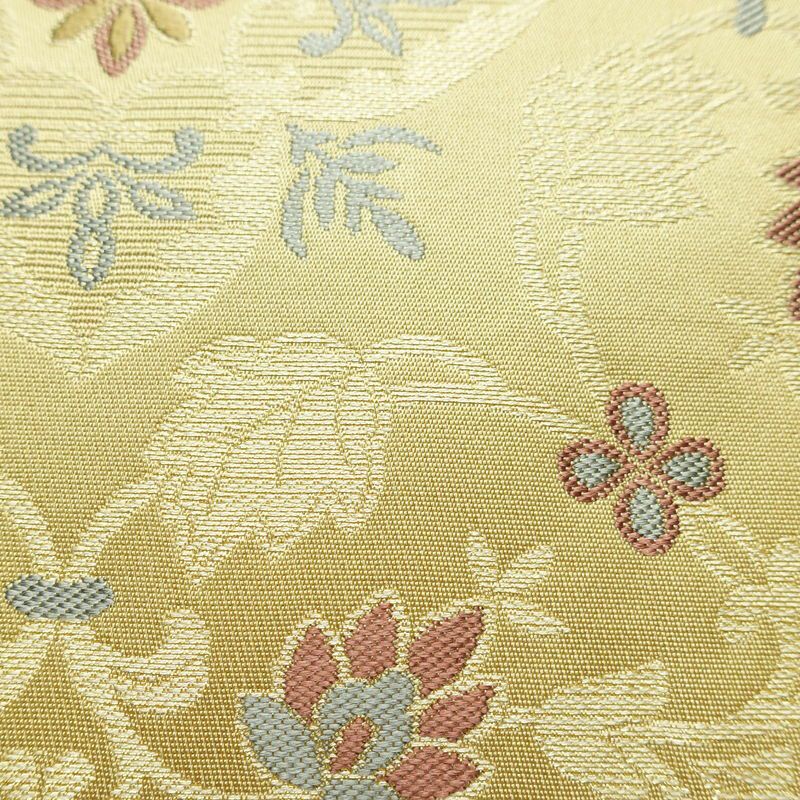 名古屋帯 六通柄 正絹 木の葉・植物柄 名古屋仕立て なごや帯 リサイクル帯 帯 金糸 ベージュ_画像4