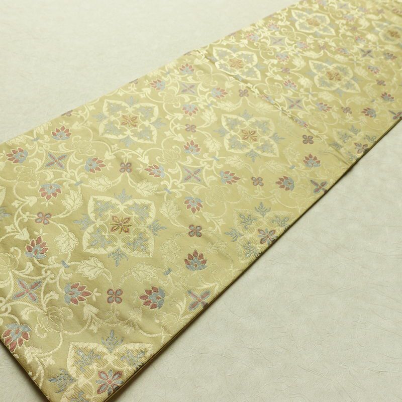 名古屋帯 六通柄 正絹 木の葉・植物柄 名古屋仕立て なごや帯 リサイクル帯 帯 金糸 ベージュ_画像8