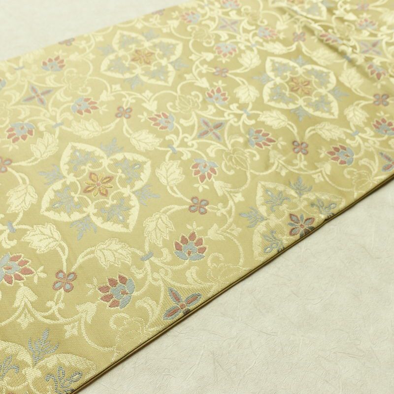 名古屋帯 六通柄 正絹 木の葉・植物柄 名古屋仕立て なごや帯 リサイクル帯 帯 金糸 ベージュ_画像11