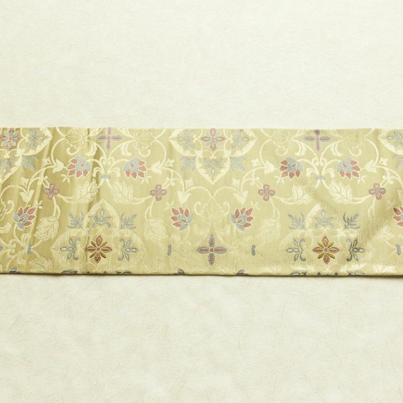 名古屋帯 六通柄 正絹 木の葉・植物柄 名古屋仕立て なごや帯 リサイクル帯 帯 金糸 ベージュ_画像14