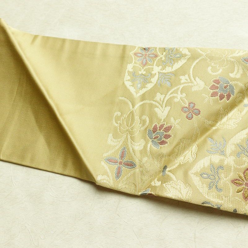 名古屋帯 六通柄 正絹 木の葉・植物柄 名古屋仕立て なごや帯 リサイクル帯 帯 金糸 ベージュ_画像15