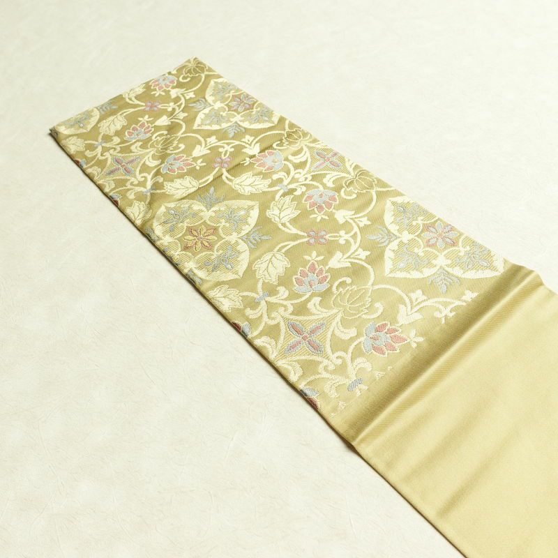 名古屋帯 六通柄 正絹 木の葉・植物柄 名古屋仕立て なごや帯 リサイクル帯 帯 金糸 ベージュ_画像16