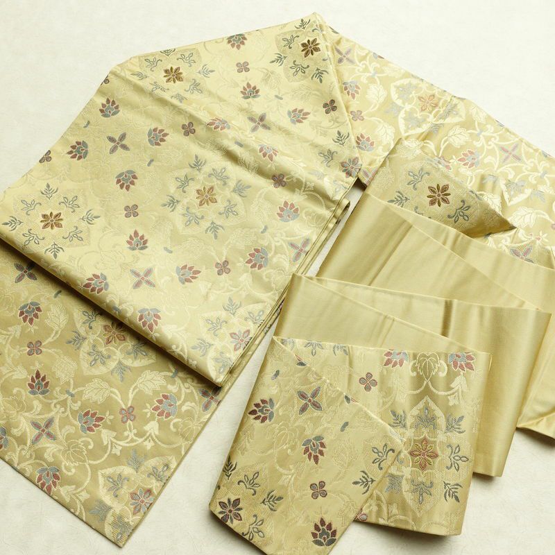 名古屋帯 六通柄 正絹 木の葉・植物柄 名古屋仕立て なごや帯 リサイクル帯 帯 金糸 ベージュ_画像17