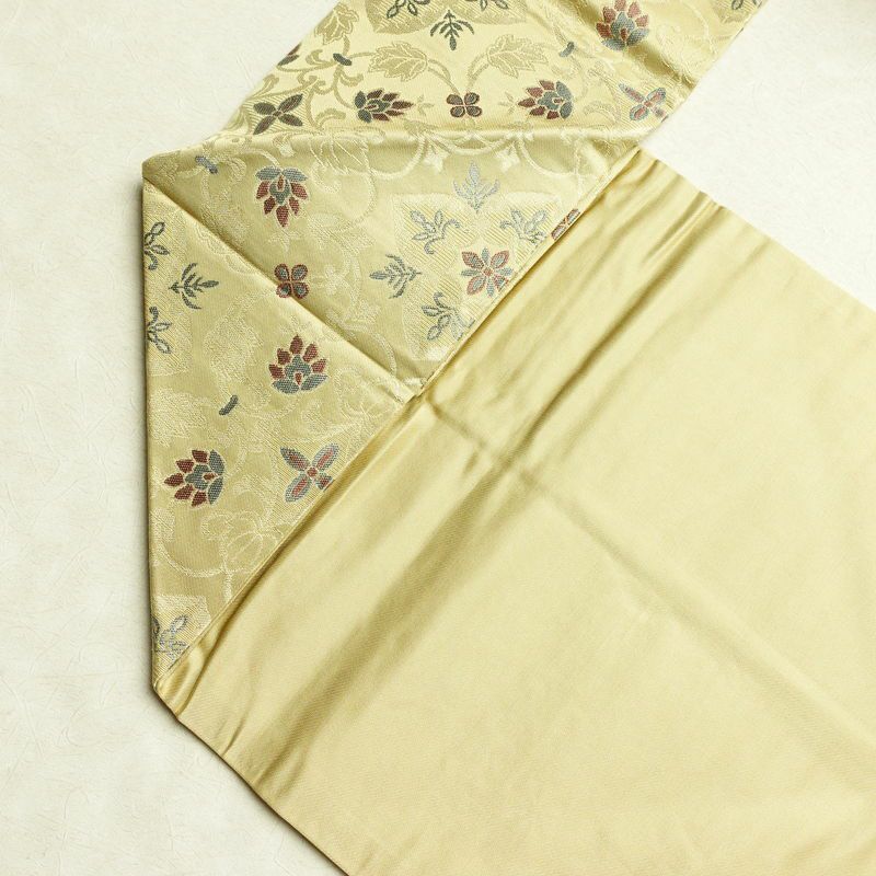 名古屋帯 六通柄 正絹 木の葉・植物柄 名古屋仕立て なごや帯 リサイクル帯 帯 金糸 ベージュ_画像19