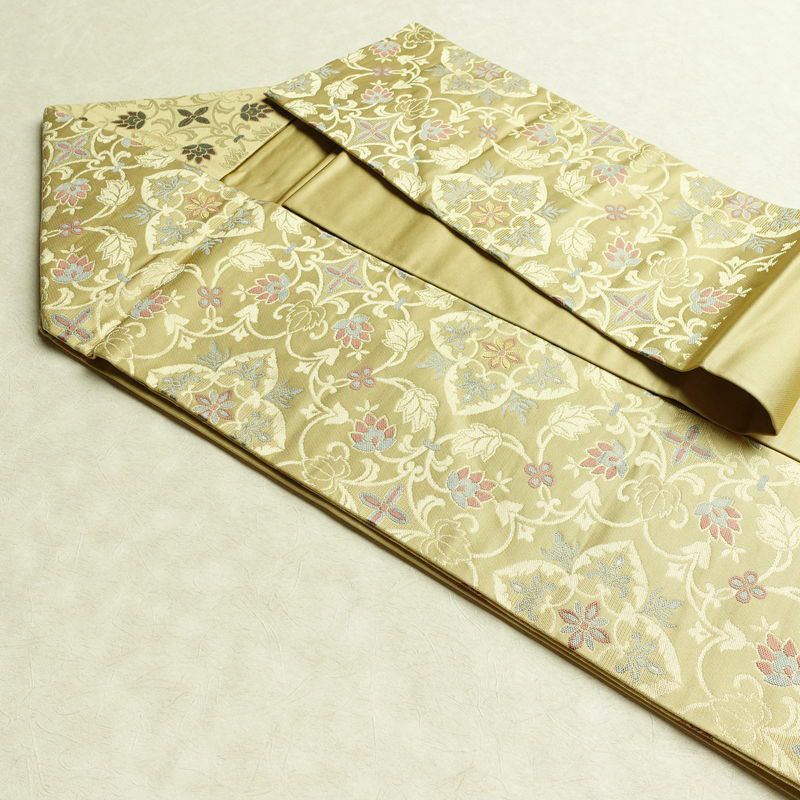 名古屋帯 六通柄 正絹 木の葉・植物柄 名古屋仕立て なごや帯 リサイクル帯 帯 金糸 ベージュ_画像21