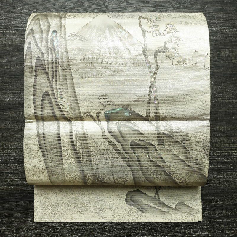 名古屋帯 太鼓柄 正絹 風景柄 通し仕立て なごや帯 リサイクル帯 帯 箔 白_画像1