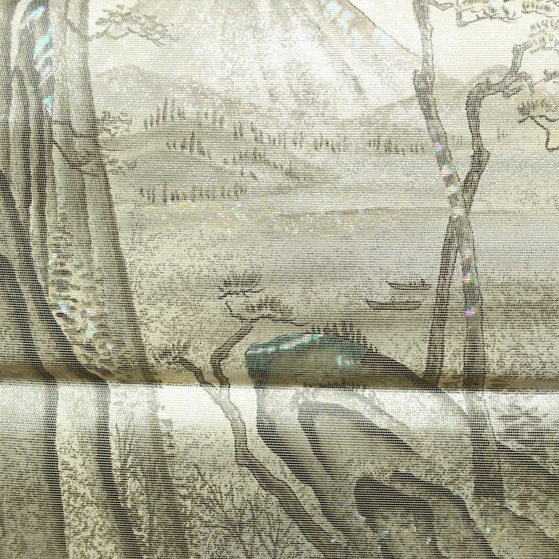 名古屋帯 太鼓柄 正絹 風景柄 通し仕立て なごや帯 リサイクル帯 帯 箔 白_画像2