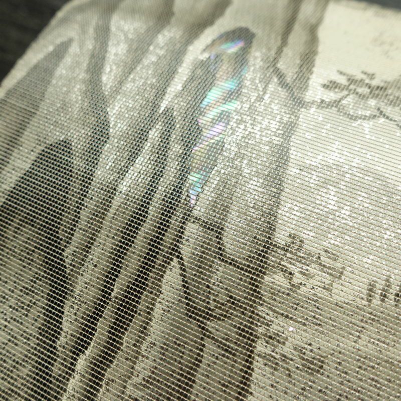 名古屋帯 太鼓柄 正絹 風景柄 通し仕立て なごや帯 リサイクル帯 帯 箔 白_画像6