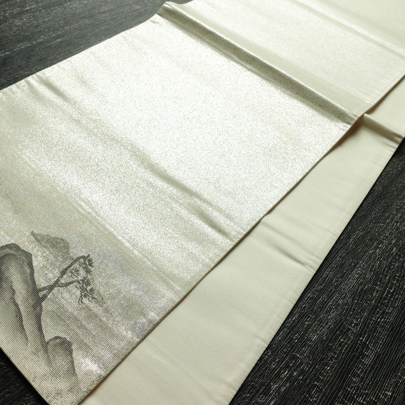 名古屋帯 太鼓柄 正絹 風景柄 通し仕立て なごや帯 リサイクル帯 帯 箔 白_画像8