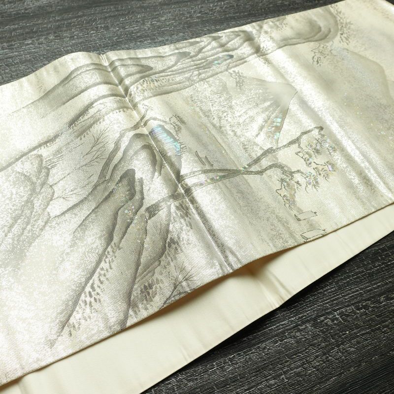 名古屋帯 太鼓柄 正絹 風景柄 通し仕立て なごや帯 リサイクル帯 帯 箔 白_画像9
