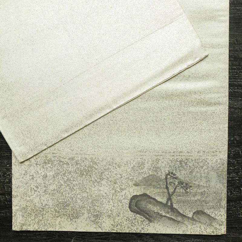 名古屋帯 太鼓柄 正絹 風景柄 通し仕立て なごや帯 リサイクル帯 帯 箔 白_画像11