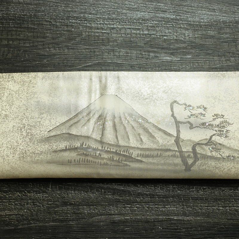 名古屋帯 太鼓柄 正絹 風景柄 通し仕立て なごや帯 リサイクル帯 帯 箔 白_画像13
