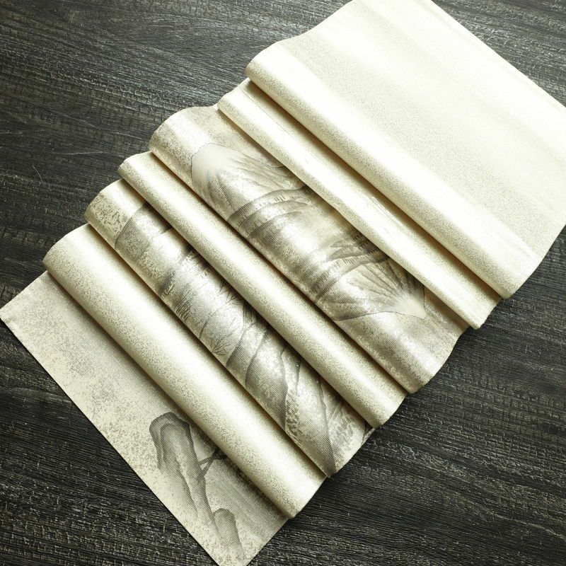 名古屋帯 太鼓柄 正絹 風景柄 通し仕立て なごや帯 リサイクル帯 帯 箔 白_画像18