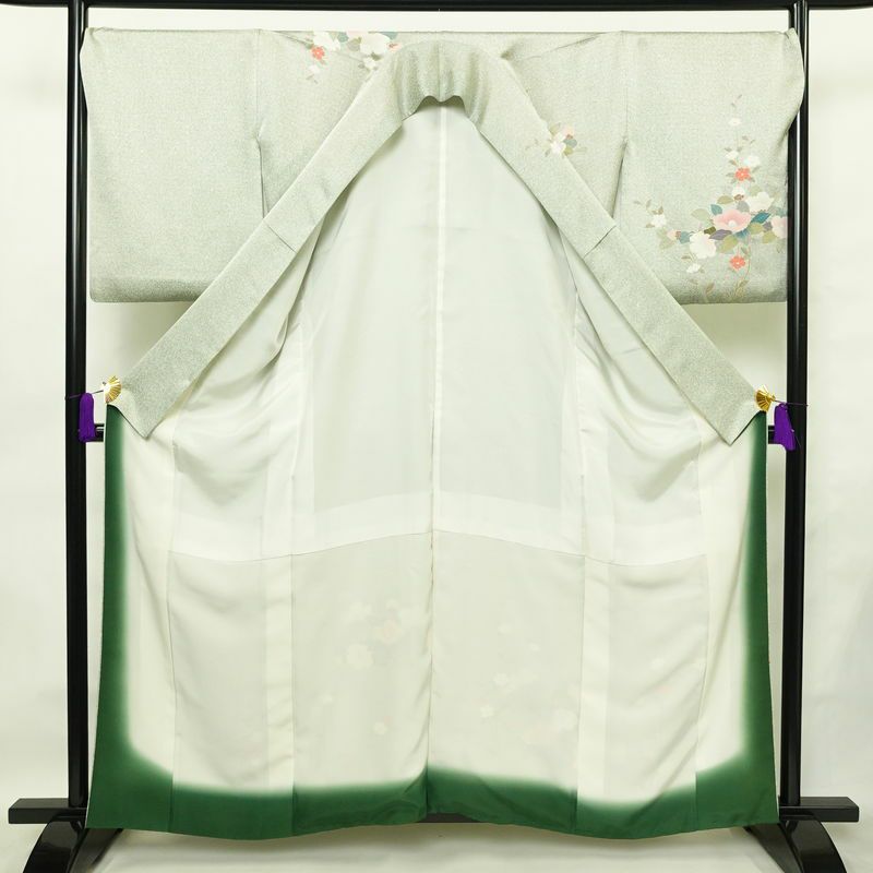 訪問着 良品 正絹 花柄 袷仕立て 身丈159.5cm 裄丈70cm リサイクル着物 着物 箔 入学式 卒業式 七五三 お宮参り フォーマル 緑・うぐいす色_画像3