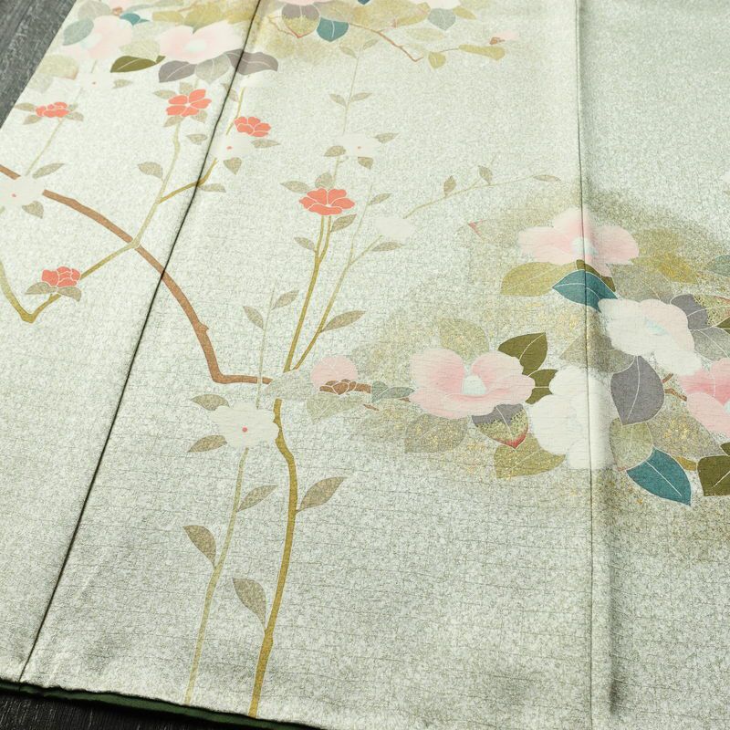 訪問着 良品 正絹 花柄 袷仕立て 身丈159.5cm 裄丈70cm リサイクル着物 着物 箔 入学式 卒業式 七五三 お宮参り フォーマル 緑・うぐいす色_画像4