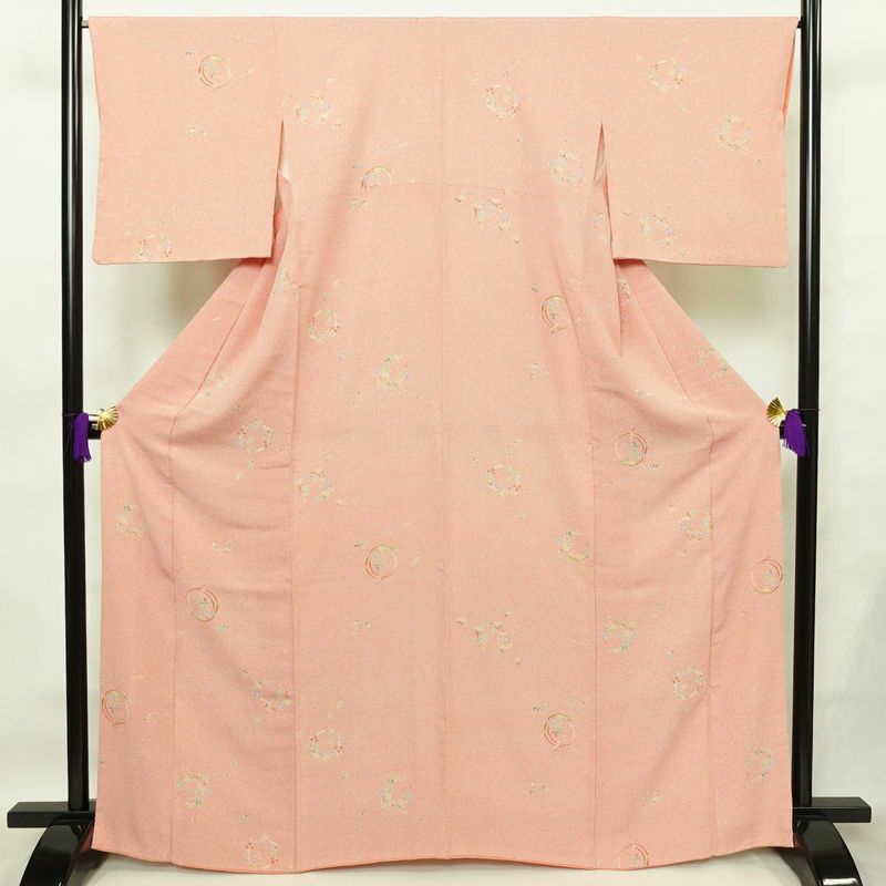 小紋 縮緬 正絹 木の葉・植物柄 袷仕立て 身丈165cm 裄丈67cm リサイクル着物 着物 ピンク_画像1