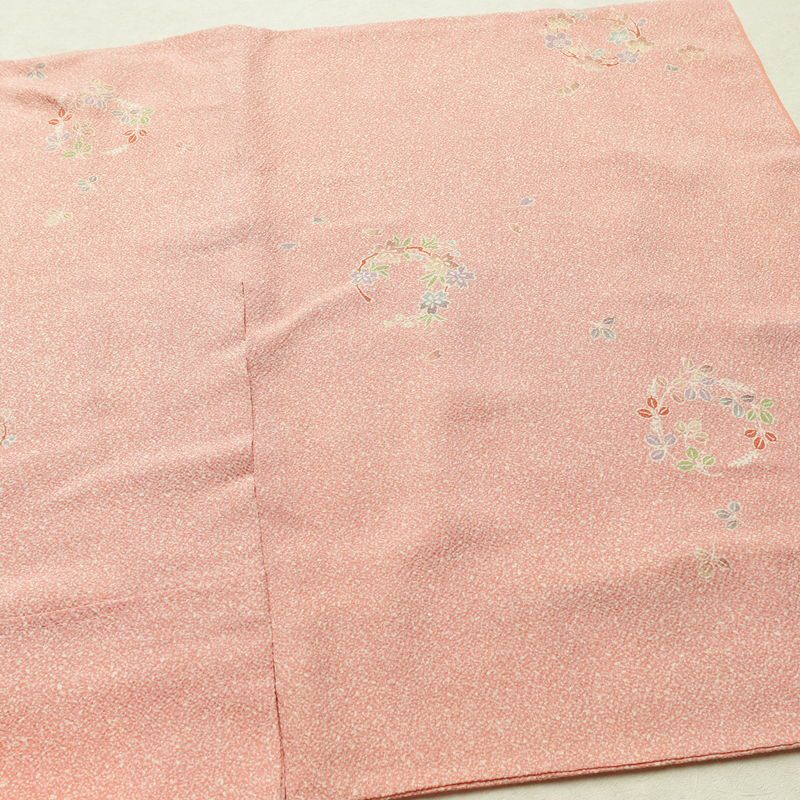 小紋 縮緬 正絹 木の葉・植物柄 袷仕立て 身丈165cm 裄丈67cm リサイクル着物 着物 ピンク_画像14