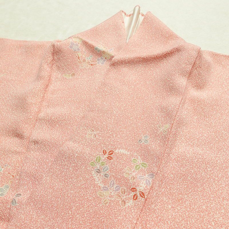 小紋 縮緬 正絹 木の葉・植物柄 袷仕立て 身丈165cm 裄丈67cm リサイクル着物 着物 ピンク_画像17