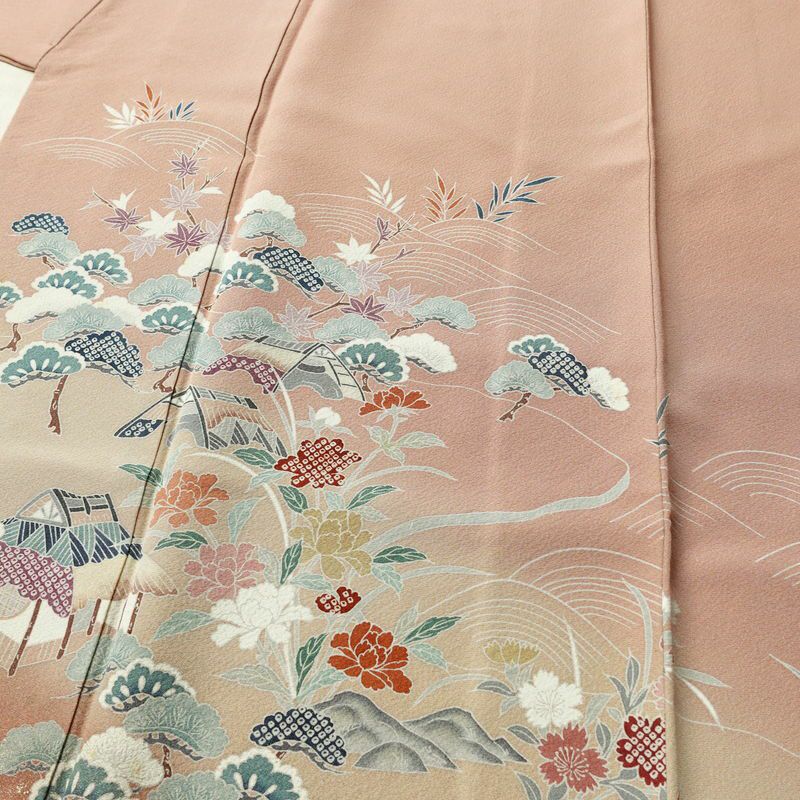 訪問着 縮緬 一つ紋付き 伊達衿付き 正絹 風景柄 袷仕立て 身丈155cm 裄丈63cm リサイクル着物 着物 箔 入学式 卒業式 七五三 お宮参り フォーマル 共八掛 上品 くすみピンク ピンク_画像5