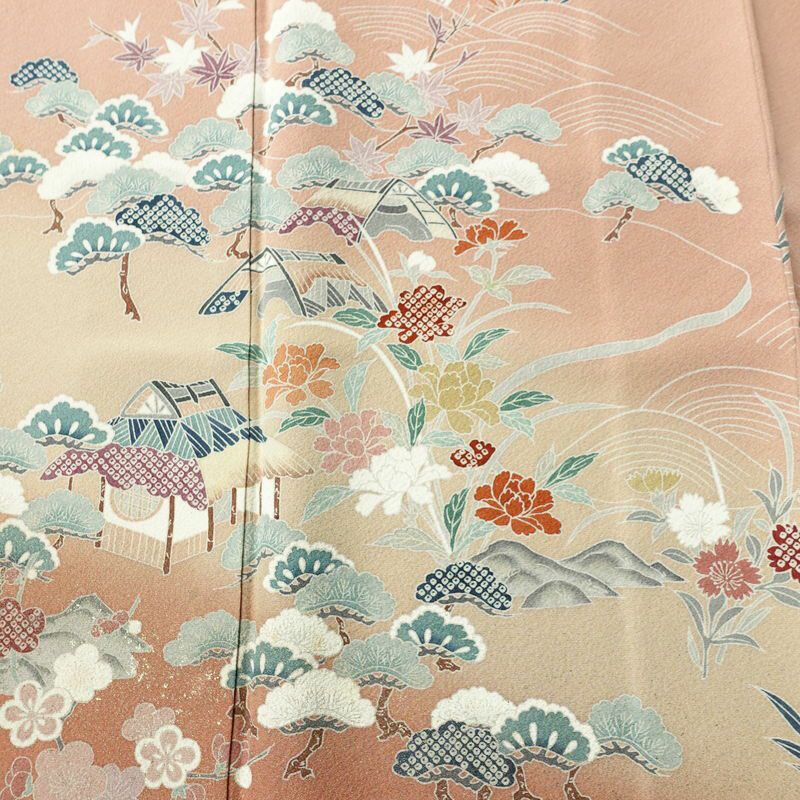 訪問着 縮緬 一つ紋付き 伊達衿付き 正絹 風景柄 袷仕立て 身丈155cm 裄丈63cm リサイクル着物 着物 箔 入学式 卒業式 七五三 お宮参り フォーマル 共八掛 上品 くすみピンク ピンク_画像6