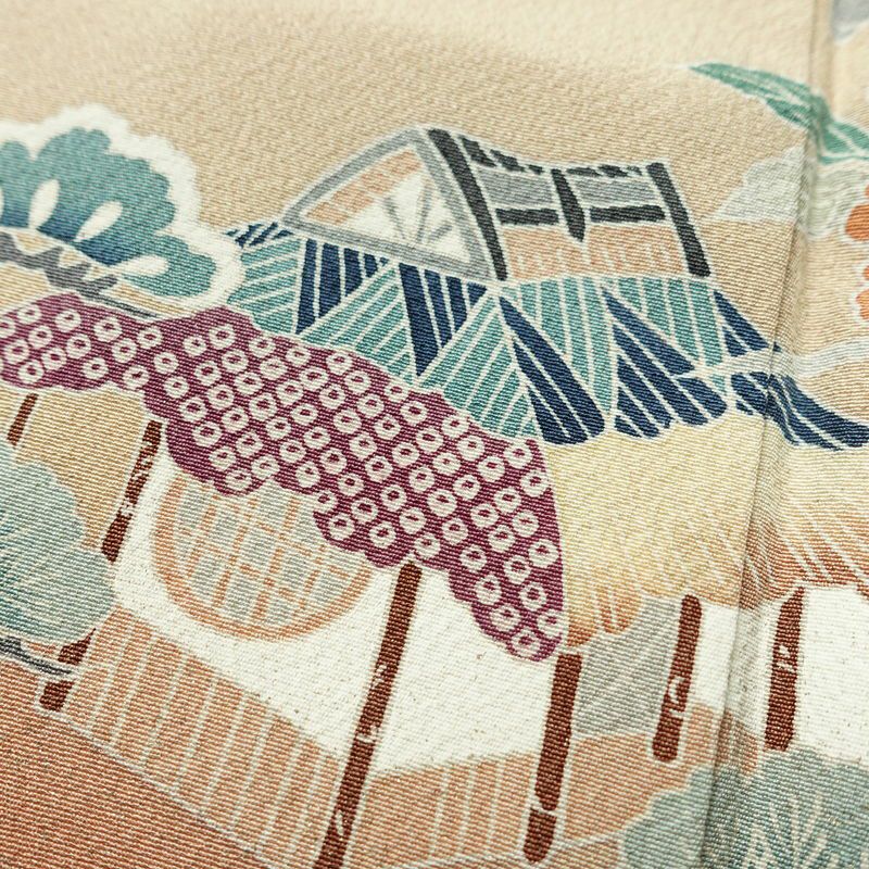 訪問着 縮緬 一つ紋付き 伊達衿付き 正絹 風景柄 袷仕立て 身丈155cm 裄丈63cm リサイクル着物 着物 箔 入学式 卒業式 七五三 お宮参り フォーマル 共八掛 上品 くすみピンク ピンク_画像8