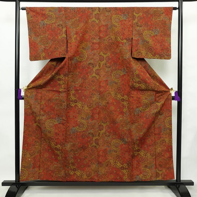 単衣 紬 バチ衿仕立て 正絹 幾何学柄・抽象柄 単衣仕立て 身丈157.5cm 裄丈63cm リサイクル着物 着物 カジュアル 多色使い_画像1