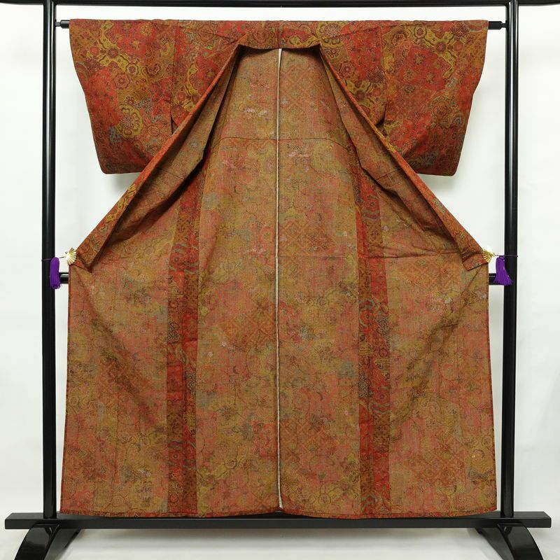 単衣 紬 バチ衿仕立て 正絹 幾何学柄・抽象柄 単衣仕立て 身丈157.5cm 裄丈63cm リサイクル着物 着物 カジュアル 多色使い_画像3