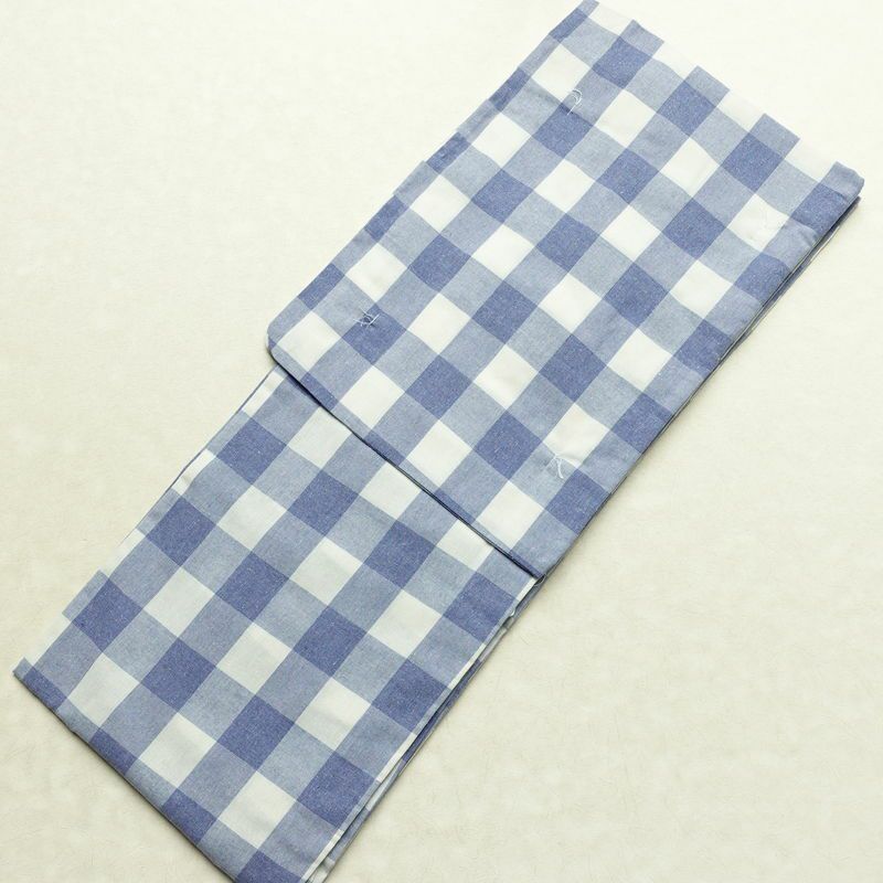 単衣着物 カジュアルきもの 単衣 美品 しつけ糸付き 混紡 チェック・格子柄 単衣仕立て 身丈160cm 裄丈66cm 着物 シンプル カジュアル 青・紺_画像1