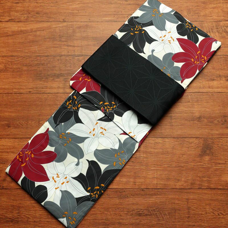 新品 浴衣 帯 2点セット 女性用 綿 平織 古典柄 浴衣 半幅帯 未使用品 百合 ゆり_画像1