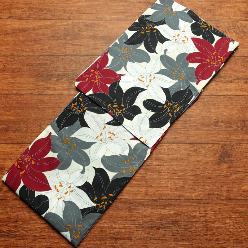 新品 浴衣 帯 2点セット 女性用 綿 平織 古典柄 浴衣 半幅帯 未使用品 百合 ゆり_画像2