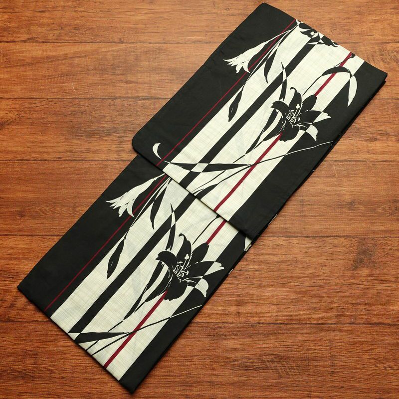 新品 浴衣 帯 2点セット 女性用 綿 平織 古典柄 浴衣 半幅帯 未使用品 百合 シック 縞_画像2