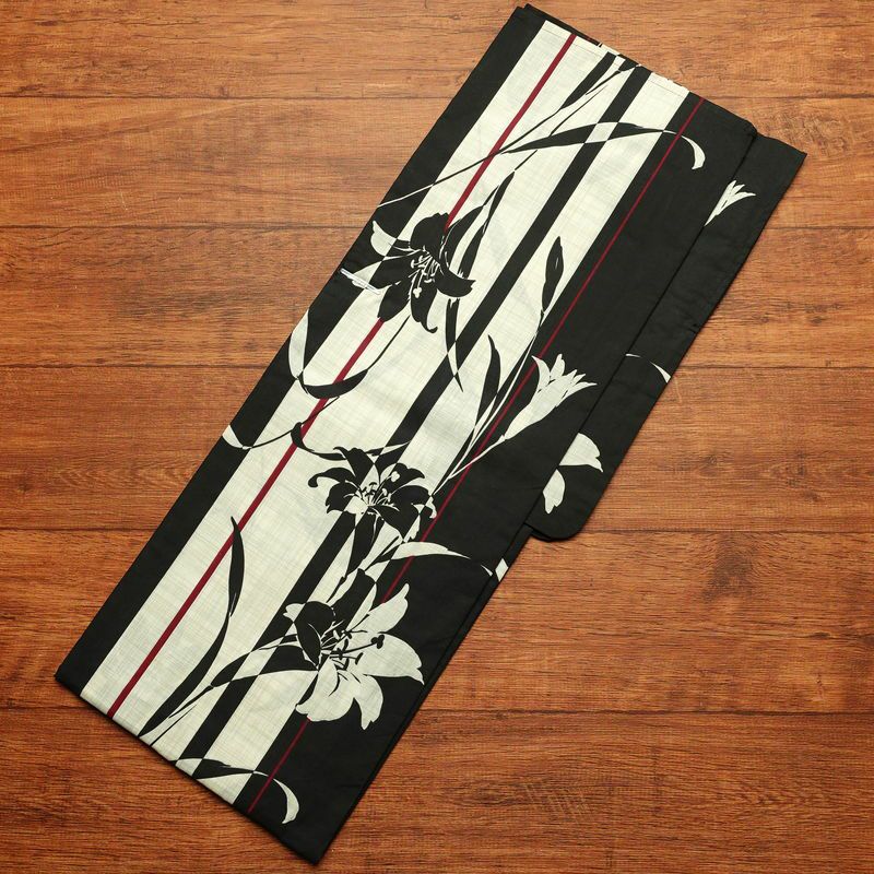 新品 浴衣 帯 2点セット 女性用 綿 平織 古典柄 浴衣 半幅帯 未使用品 百合 シック 縞_画像3