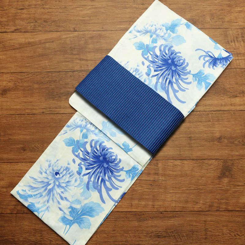 新品 浴衣 帯 2点セット 女性用 綿 平織 古典柄 浴衣 半幅帯 未使用品 乱菊 ブルー_画像1