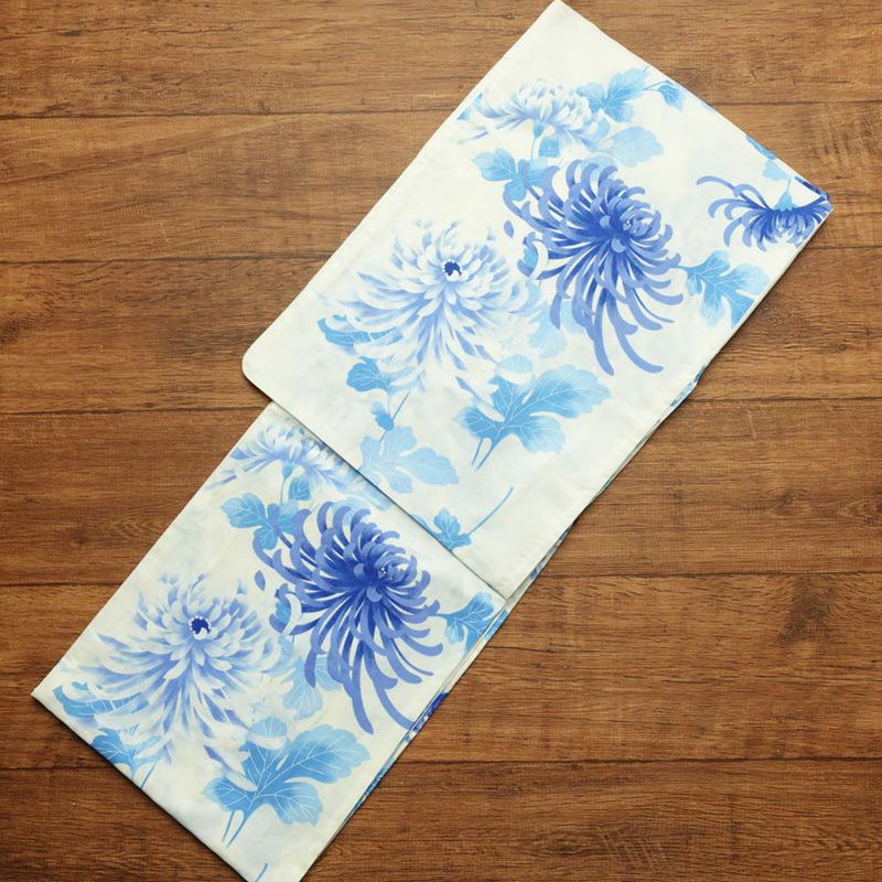 新品 浴衣 帯 2点セット 女性用 綿 平織 古典柄 浴衣 半幅帯 未使用品 乱菊 ブルー_画像2