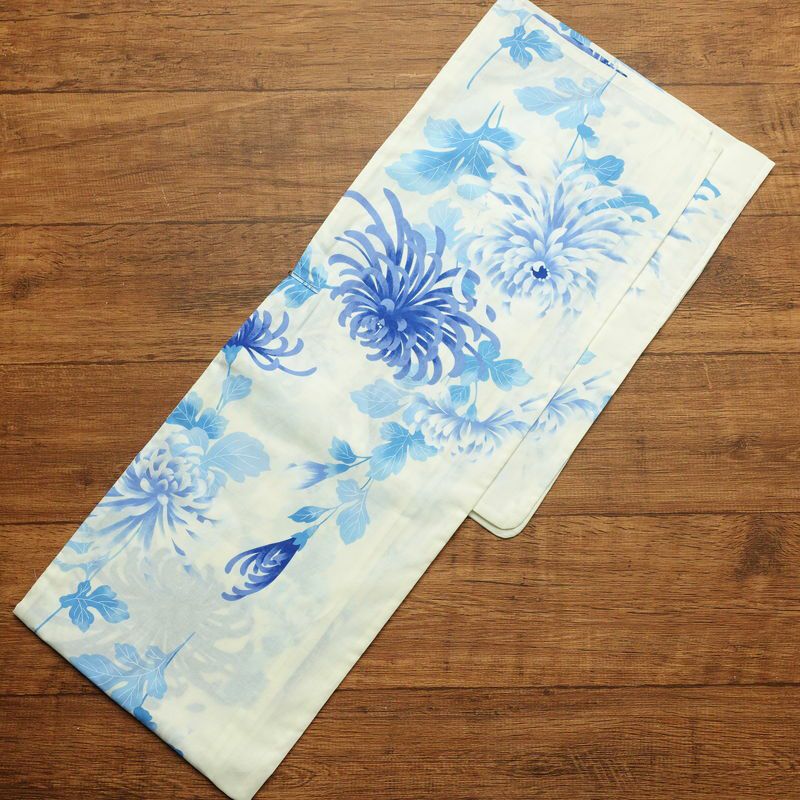 新品 浴衣 帯 2点セット 女性用 綿 平織 古典柄 浴衣 半幅帯 未使用品 乱菊 ブルー_画像3