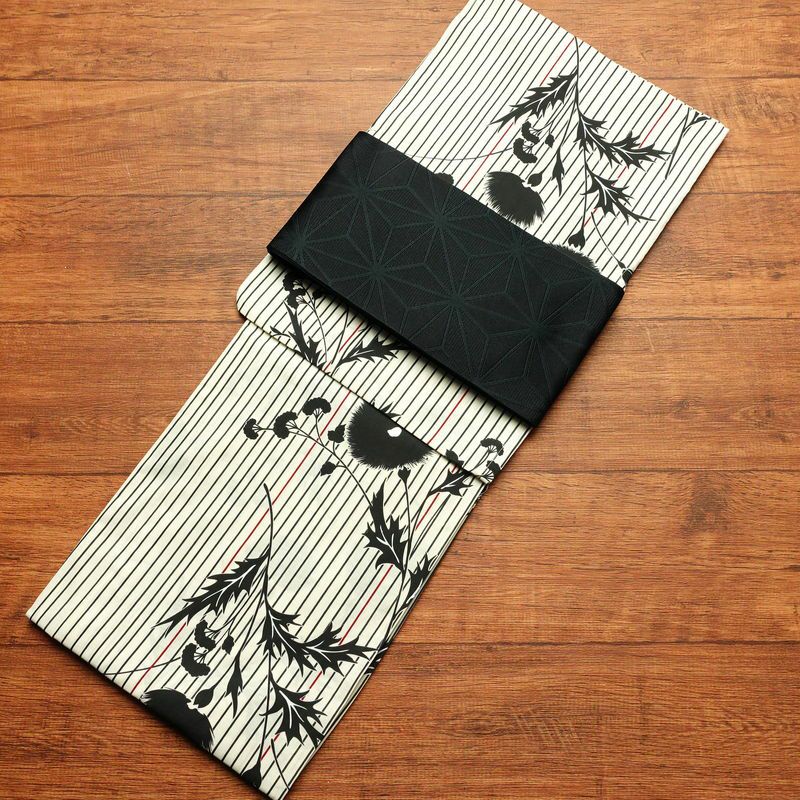 新品 浴衣 帯 2点セット 女性用 綿 平織 古典柄 浴衣 半幅帯 未使用品　アザミ 細縞 ストライプ_画像1