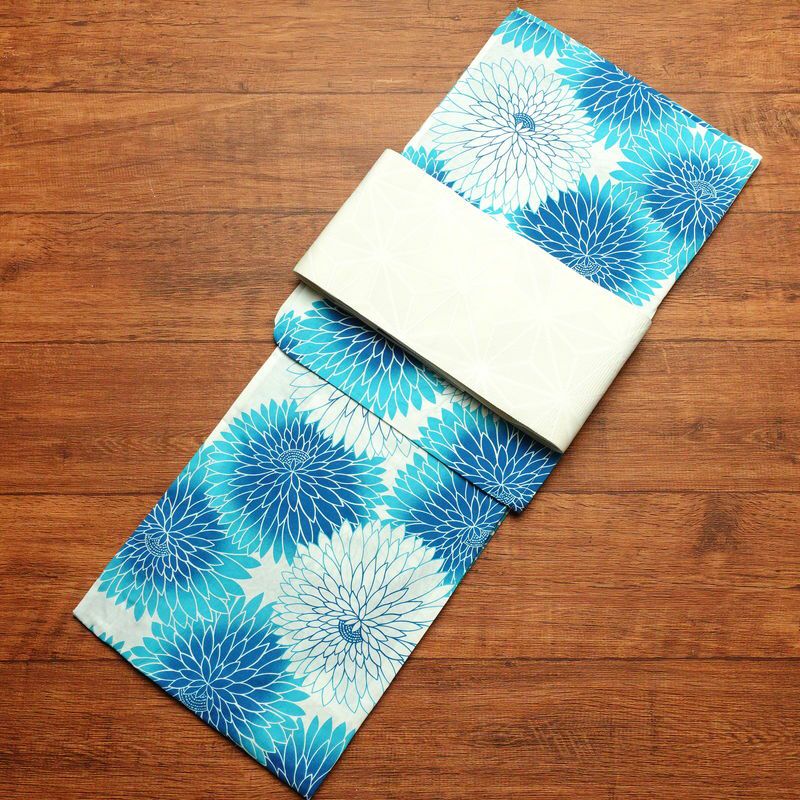 新品 浴衣 帯 2点セット 女性用 綿 平織 古典柄 浴衣 半幅帯 未使用品 菊 ブルー 菊づくし_画像1