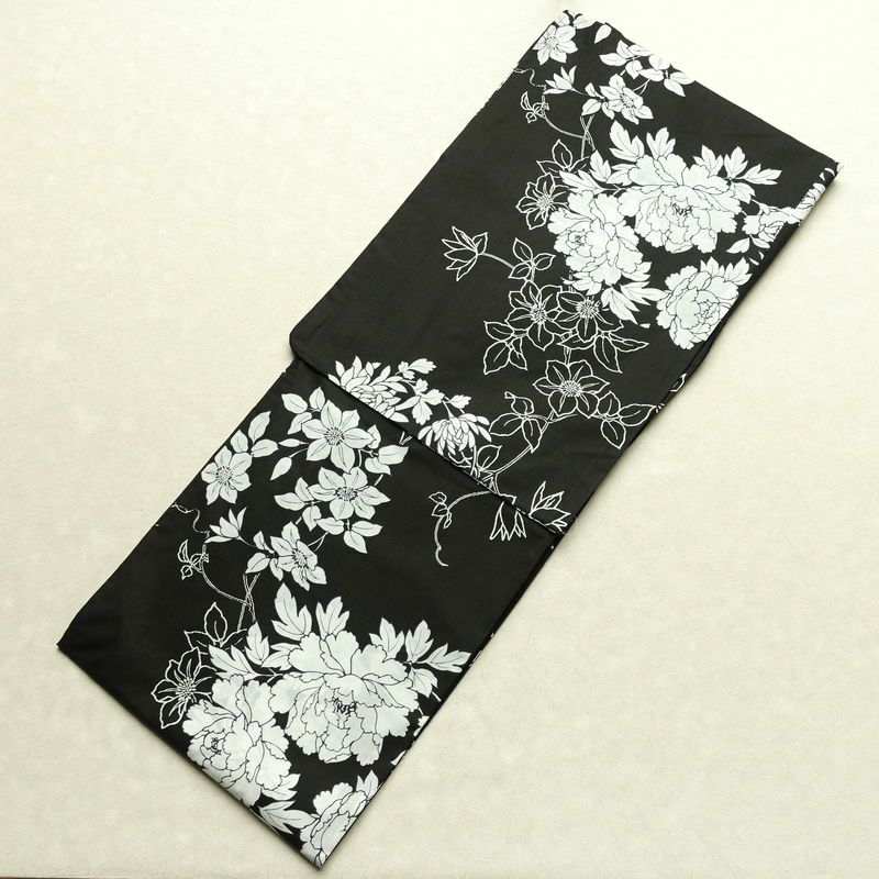 新品 浴衣 帯 2点セット 女性用 綿 平織 古典柄 浴衣 半幅帯 未使用品 芍薬 しっとり 黒_画像2